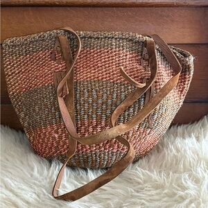 Kenya Sisal Woven Peach and Green Tote Bag with Leather Handles